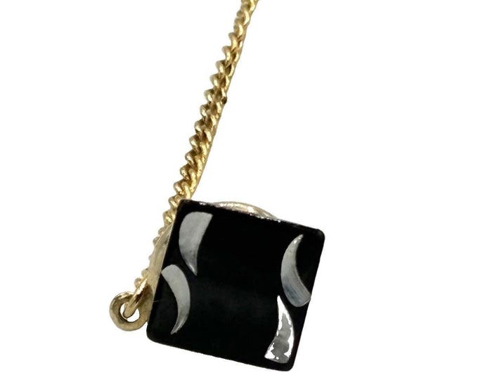 Vintage Onyx Tie Tack Gold Tone Square Carved Design Bar Chain Back