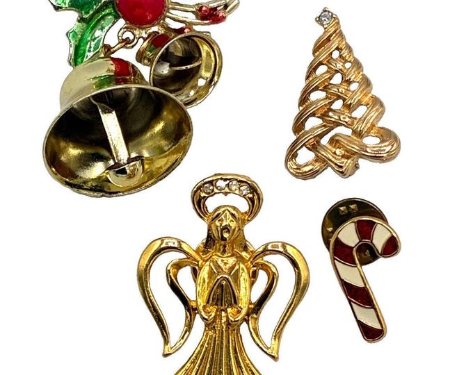 Vintage Christmas Brooch Pin Lot of 4 Bell Tree Angel Candy Cane Holiday Jewelry