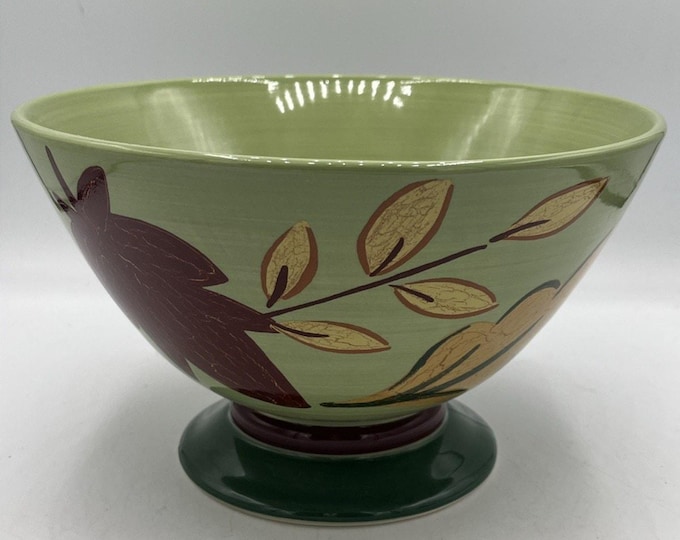 Corelle Coordinates Stoneware Pedestal Bowl | 9” Fall Serving Bowl | Green Leaves | Autumn Table Decor | Footed Bowl