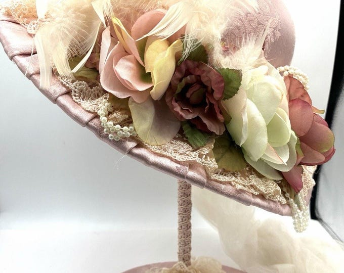 Victoria's Garden Victorian Style Floral Hat on Stand, Pink Lace Pearl Cottage Decor