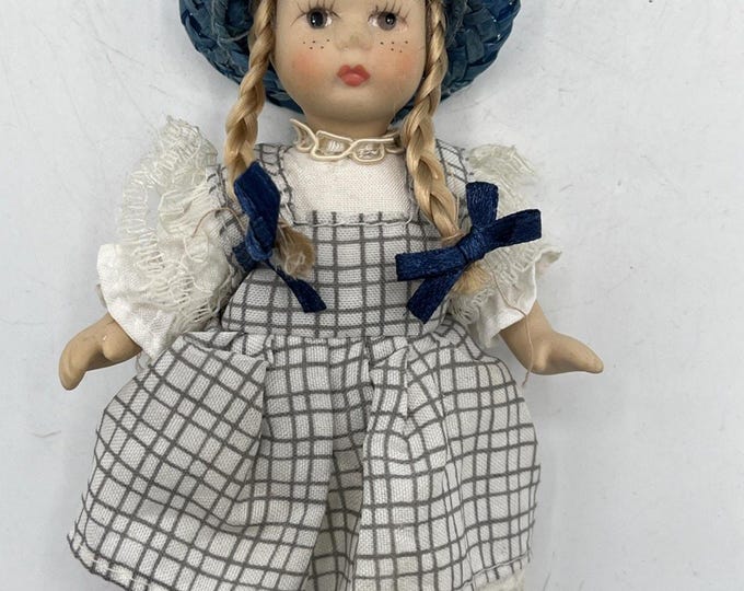 Vtg Miniature Country Miss With Freckles Bisque Porcelain In Jumper / Straw Hat