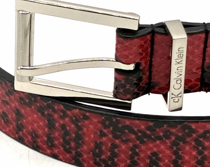 Calvin Klein Red Black Python Embossed Leather Belt Silver Buckle 32-36 Size XL