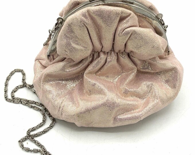 Blush Pink Metallic Evening Bag Rhinestone Kiss Clasp Chain Purse 7x5