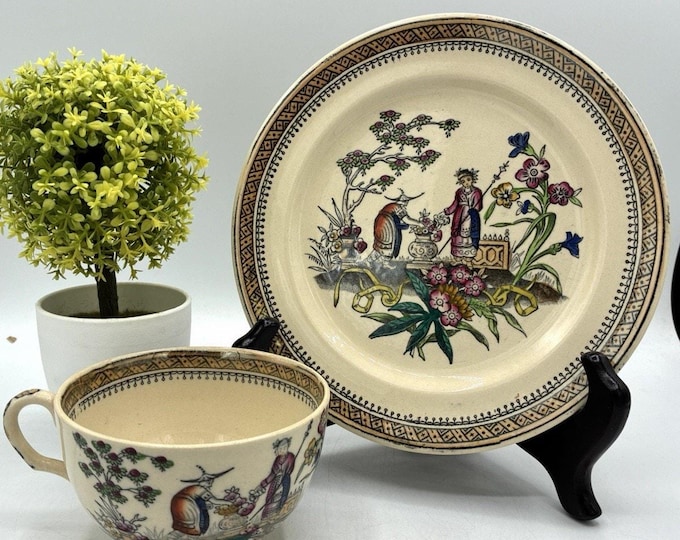 Edge Malkin & Co E. M. and Co Chang Chinoiserie Plate, Saucer, and Tea Cup c. 1870