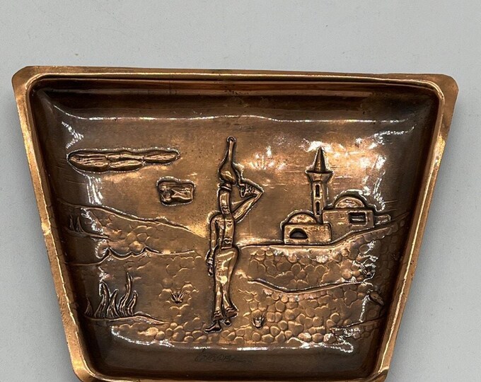 Israel Hammered Copper Wall Art Plaque Repousse Woman Carrying Jug MCM 6”x4.5”