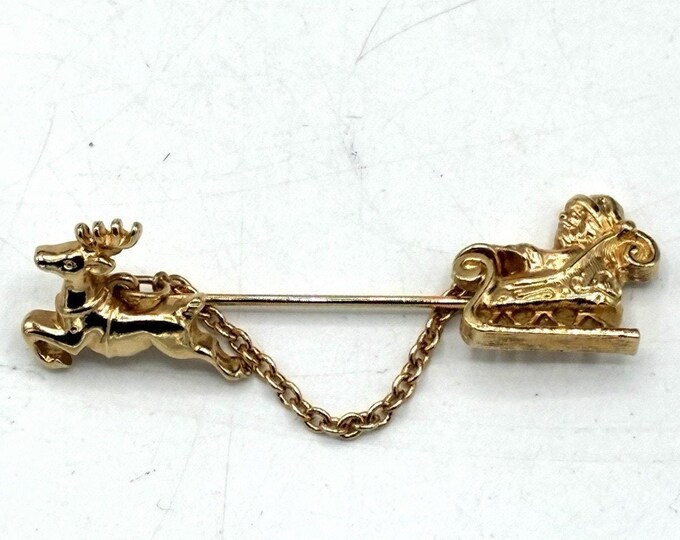 Vintage Avon Santa Sleigh Reindeer Gold Tone Chain Tie Pin Christmas Holiday
