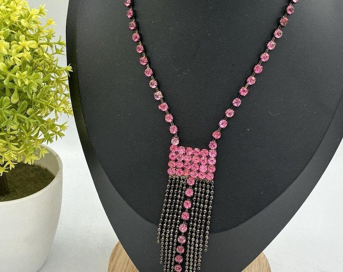 Express Pink Rhinestone Fringe Tassel Statement Necklace Gunmetal Chain Bib 16”