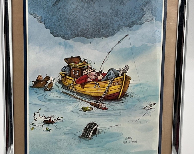 Gary Patterson's Vintage Art Print, "GONE FISHING", 10"x8" Cartoon Drawing