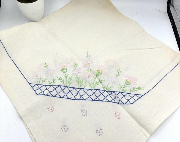 Vintage Hand Embroidered Linen Tablecloth Blue Floral 29” Square