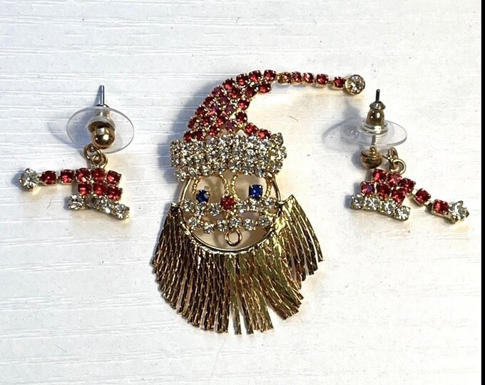 Vintage Santa Face Brooch Pin Fringe Beard Gold Tone Rhinestone Christmas