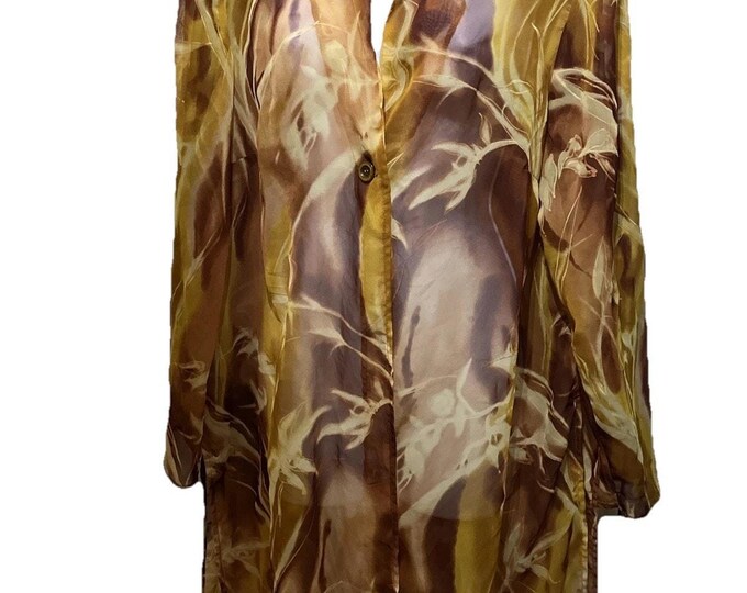 Ashley Stewart Womens 14 Sheer Button Down Top Cover Up Rust Gold Orange Print