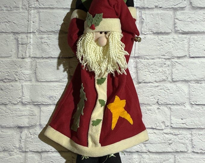 Vintage 24” Santa Claus Wall Hanging Christmas Fabric Decor Folk Art Style