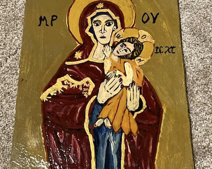 Vtg hand painted Orthodox icon The Virgin Christ Child 11x8.5” Byzantine Like