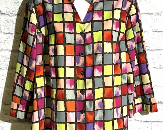 Kathy Che Womens 18 Colorful Geometric Print Blouse Button Front Y2K