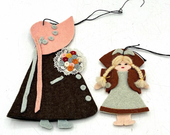 Vintage Felt Prairie Girl Christmas Ornaments Set 2 Mother Daughter Handmade