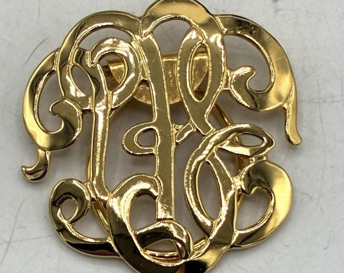 Vintage Gold Tone Monogram Script Letter Scarf Clip Openwork Scrollwork 1.75"
