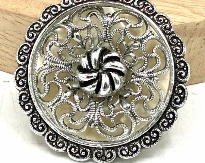 Vintage W Germany Silver Tone Floral Scarf Clip 1.5” Filigree Flower