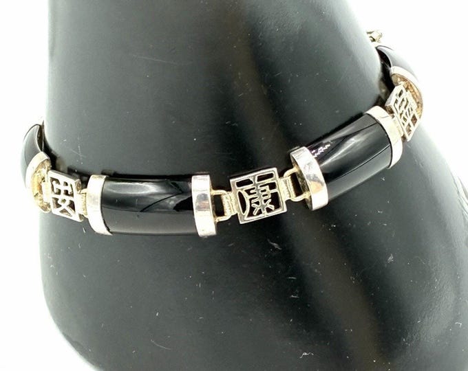 Vintage 925 Sterling Silver Black Stone Chinese Fu Luck Bracelet 7.5” Asian Symbol