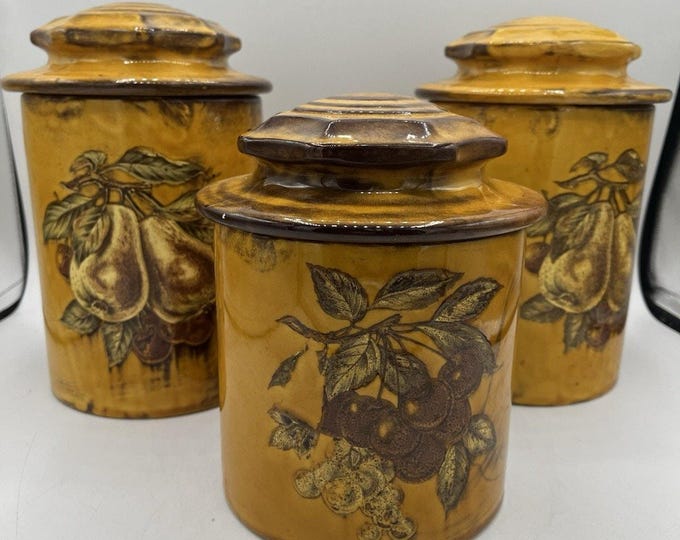 Vintage Holiday Designs USA Set 3 Ceramic Canisters Mustard Fruit 1970s AS IS