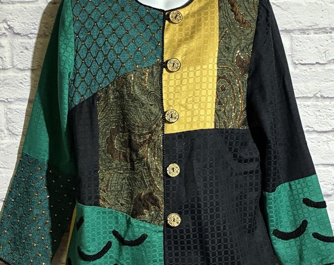 Julia Ker Womens S Vintage Patchwork Brocade Jacket Teal Gold Metallic India 90s