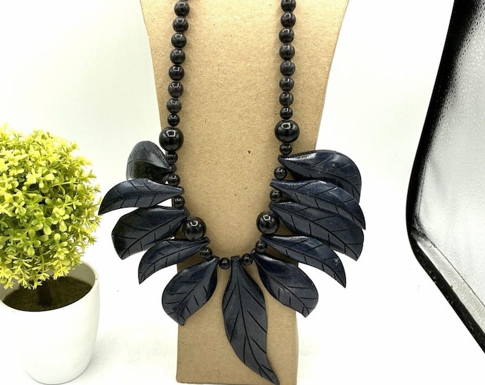 Carved Wood Leaf Necklace Earrings Set Navy Black Statement Jewelry 28”