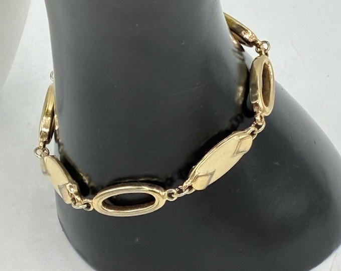 Vintage Cream Enamel Gold Oval Link Bracelet Ivory Geometric 7 Inch Elegant