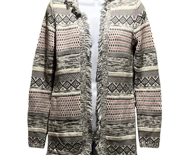 Cynthia Rowley Women's Hooded Cardigan Size Large Gray Southwestern Print Fringe Trim