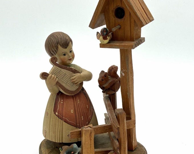 Vintage Toriart Italy Wood Girl Lyre Birdhouse Squirrel Figural Scene