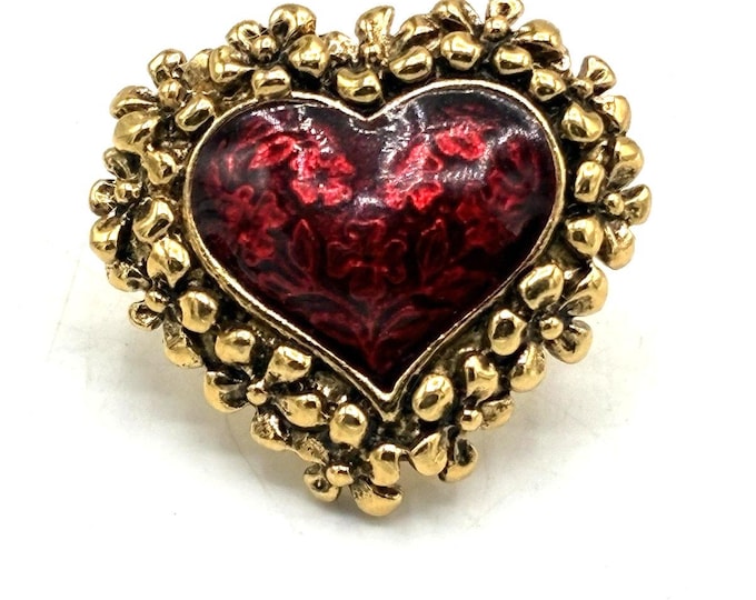 Avon Vintage Gold Tone Heart Brooch Red Floral Enamel Pin 1.25”