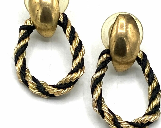 Vintage Gold-Tone & Black Cord Doorknocker Earrings, Trifari Style