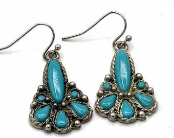 Vintage Faux Turquoise Southwest Flower Dangle Earrings Silver Tone Boho