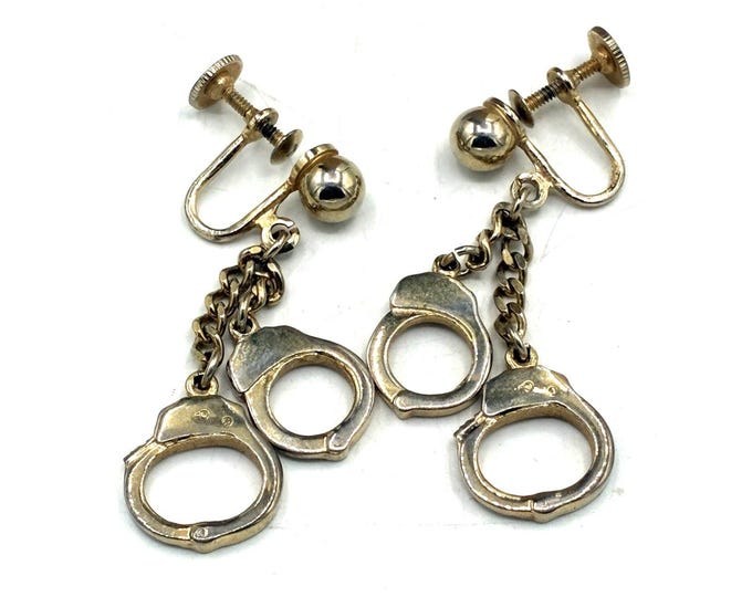 Alice Vintage Goldtone Handcuff Dangle Screw Back Earrings Novelty Charm 60s