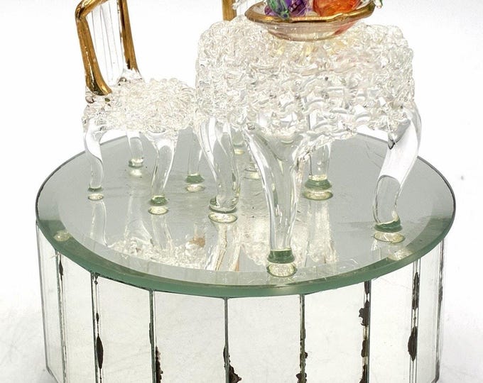 Vintage Spun Glass Bistro Table Chairs Music Box Mirrored Base Miniature Cafe