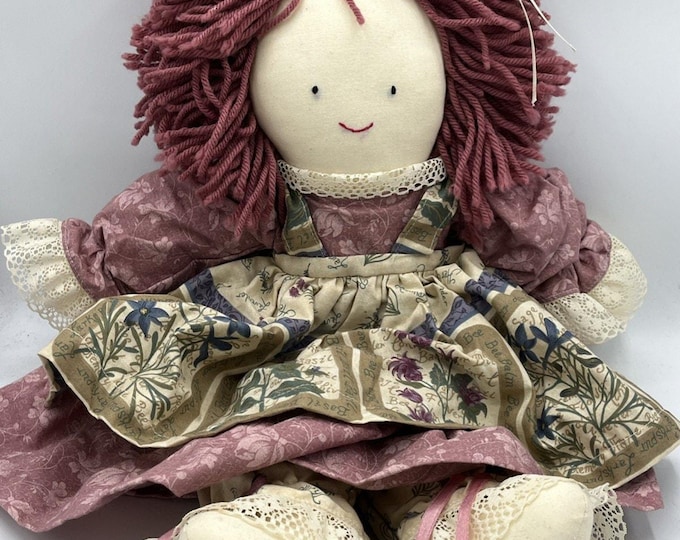 20” Cloth Doll – Red Dress, Pink Hair, Handmade Folksy Artisan