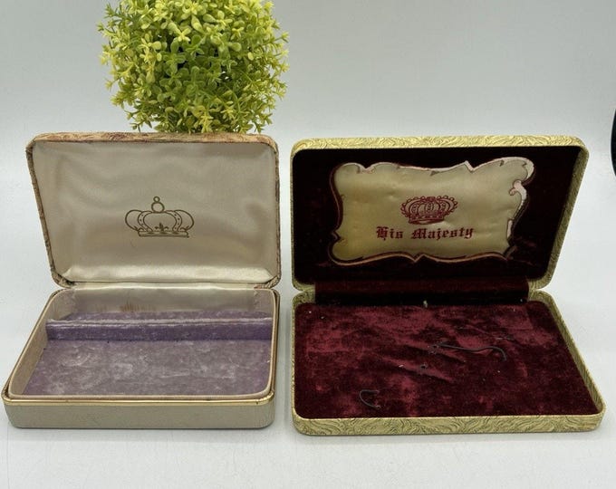 Vintage “His Majesty” Crown Brocade Jewelry Boxes Pair Cufflink/Collar Cases