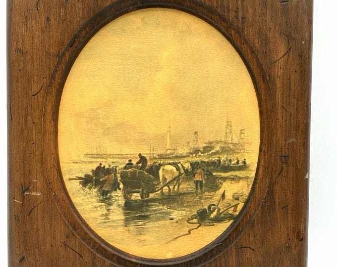 Vintage Harbor Waterfront Print Wood Frame Horse Cart Industrial Maritime 9x7
