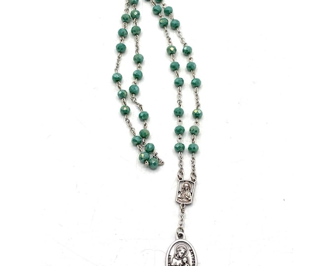 Vintage St Anthony Rosary Green Faceted Beads Sacred Heart Italy Medal