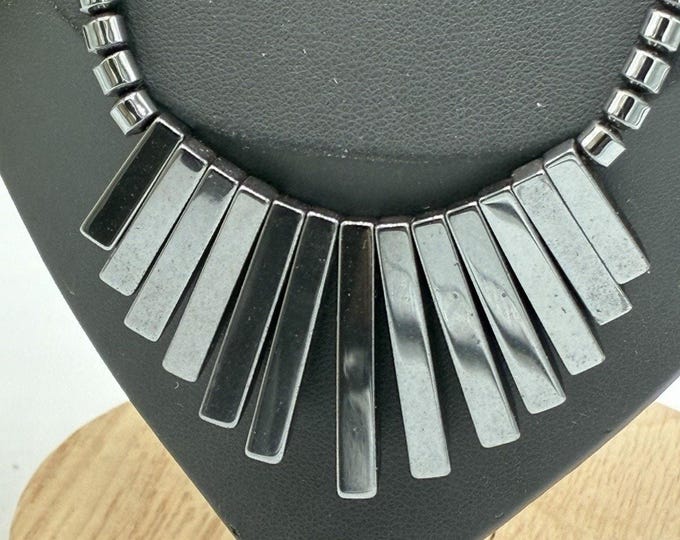 Vintage Hematite Fan Fringe Bib Necklace Graduated Bar Drop Magnetic Stone 16"