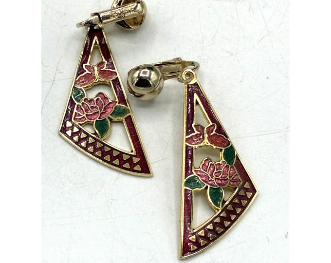 Bergere Vintage Cloisonné Clip Earrings – Rose Floral Dangle Burgundy Pink Gold