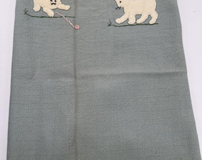Vintage Baby Blanket Kitten Cat Applique Playing Yarn Blue Green Satin Trim Nursery