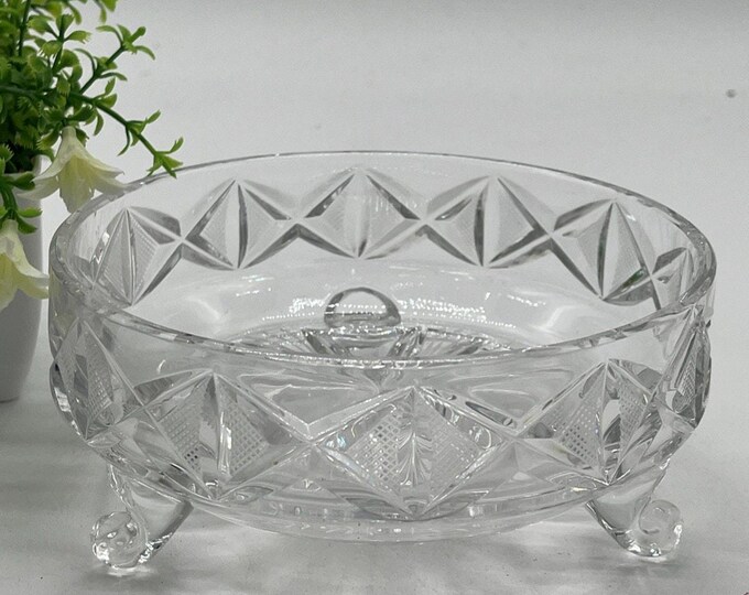 Vintage Clear Crystal Footed Bowl Quilted Iced Star Pattern 6" Round Glass