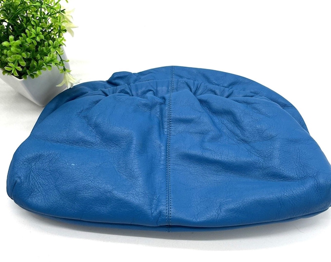 Vintage Brio Blue Leather Clutch – Velvet Interior – 80s MCM Retro Purse with Magnetic Closure