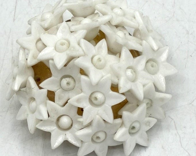 Vintage Celluloid White Flower Cluster Brooch Dome Pin C Clasp 1.75”