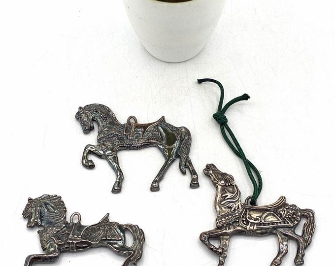 Vintage Silver Tone Carousel Horse Ornaments Set of 3 Metal Relief Cast 3 Inch