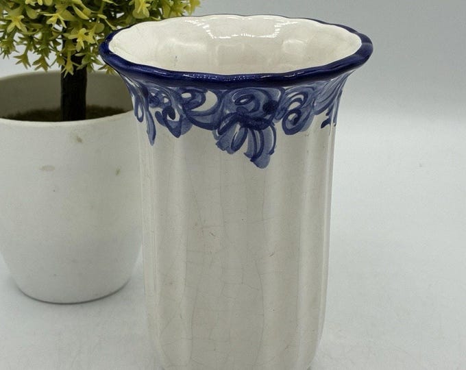 Vestal Portugal Blue White Ceramic Vase Cobalt Floral Scalloped Rim #1121