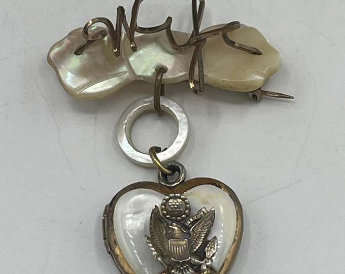 Handmade Vtg Sterling Heart Locket Pin W Eagle Charm Mother Of Pearl Wire WIFE