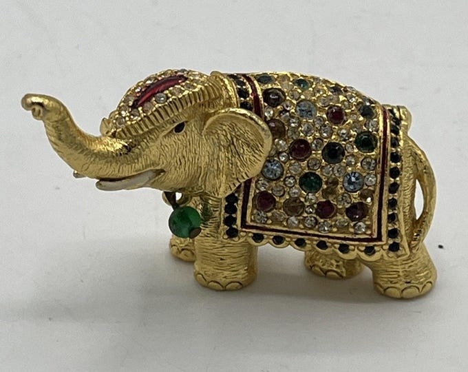 Vintage Sphinx Elephant, 10K Plated w/ Rhinestones & Enamel "A952" Brooch