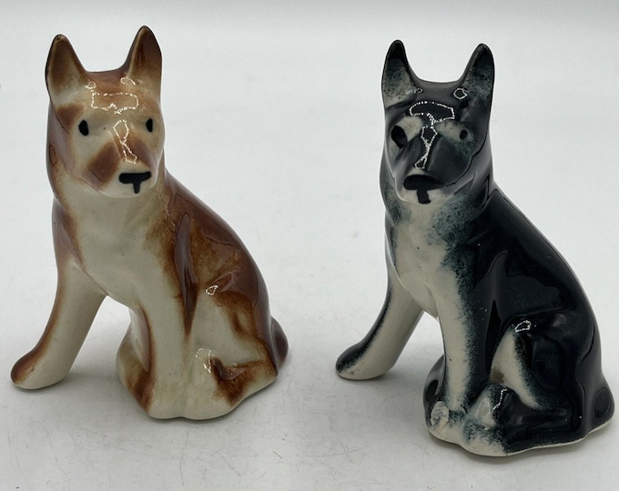 Vintage Ceramic Hand Painted Husky Dog Figurine Sitting Pair Japan