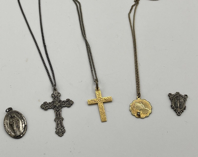 Vintage Lot 5 Catholic Religious Necklaces Cross Miraculous Mary Medals