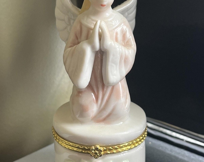 Vintage Porcelain Jewelry / Trinket box with Angel Girl Prayer Hands 5.25"